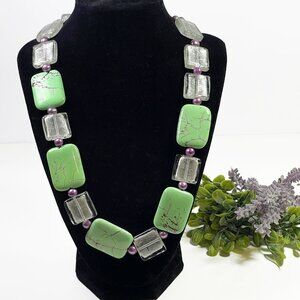 Vintage LEMON CHRYSOPRASE Necklace Green Purple with Clear Glass Beads 22”